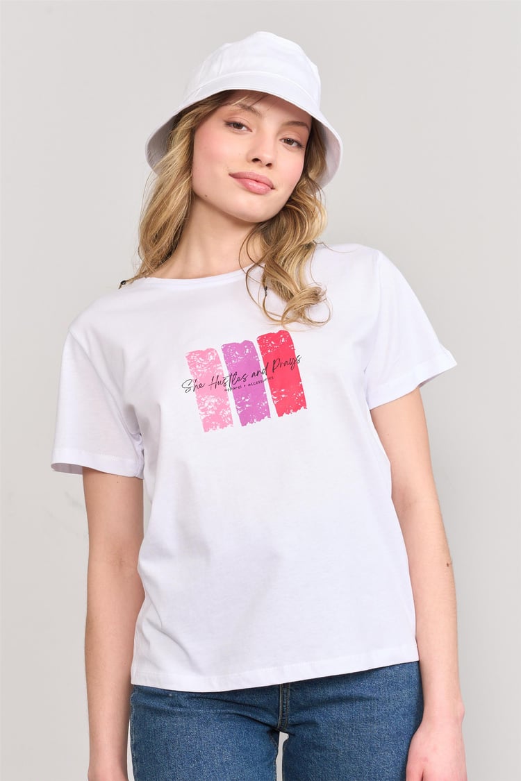 Çetinkaya Fithit 8479 Bayan Bisiklet Yaka 30/1 Compact Penye Süprem Baskılı T-shirt Beyaz