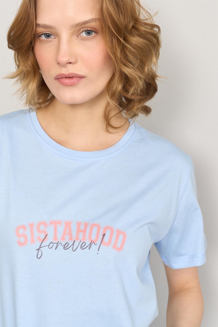 Çetinkaya Fithit 8482 Bayan Bisiklet Yaka 30/1 Compact Penye Süprem Baskılı T-shirt Açık Mavi