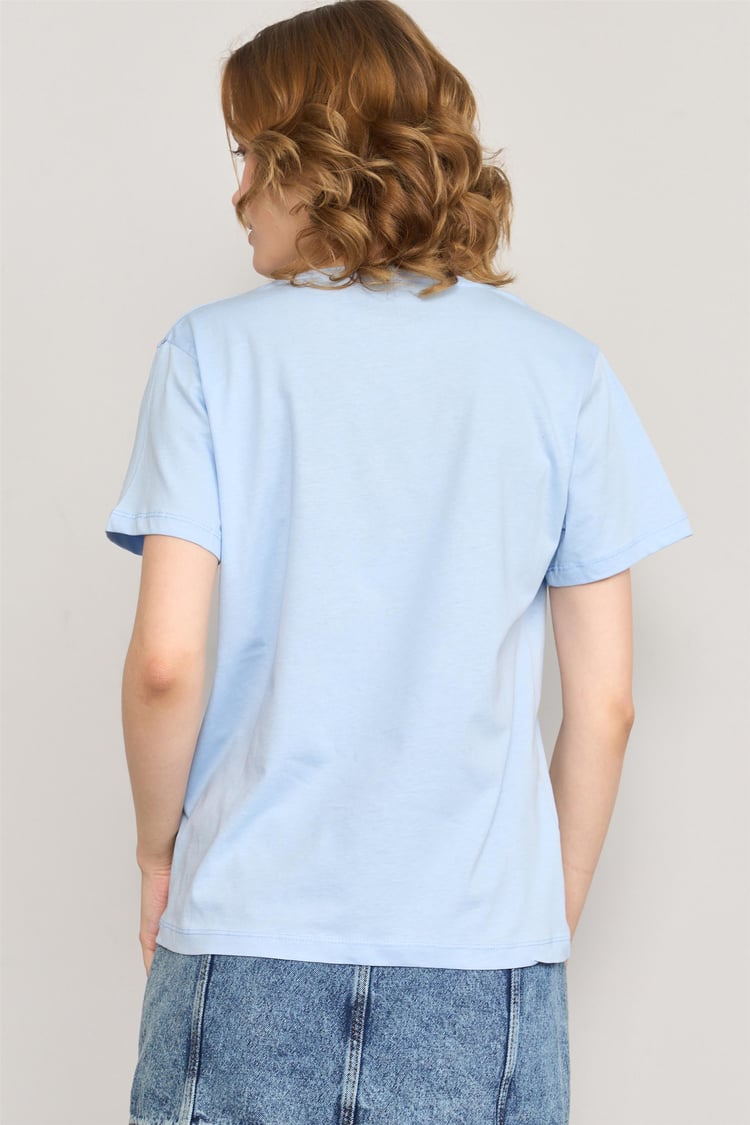 Çetinkaya Fithit 8482 Bayan Bisiklet Yaka 30/1 Compact Penye Süprem Baskılı T-shirt Açık Mavi