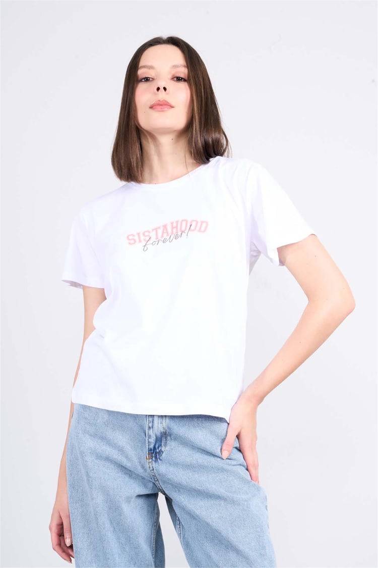 Çetinkaya Fithit 8482 Bayan Bisiklet Yaka 30/1 Compact Penye Süprem Baskılı T-shirt Beyaz