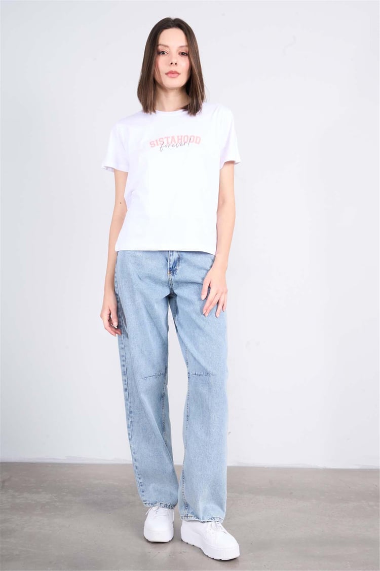 Çetinkaya Fithit 8482 Bayan Bisiklet Yaka 30/1 Compact Penye Süprem Baskılı T-shirt Beyaz