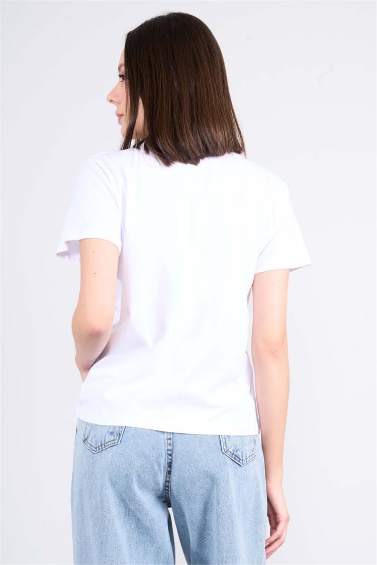 Çetinkaya Fithit 8482 Bayan Bisiklet Yaka 30/1 Compact Penye Süprem Baskılı T-shirt Beyaz