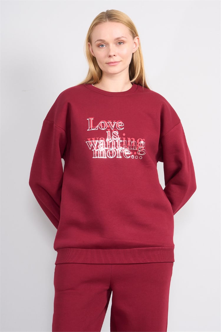 Çetinkaya Fithit 8563 Kadın Bisiklet Yaka Oversize Baskılı Sweatshirt Bordo