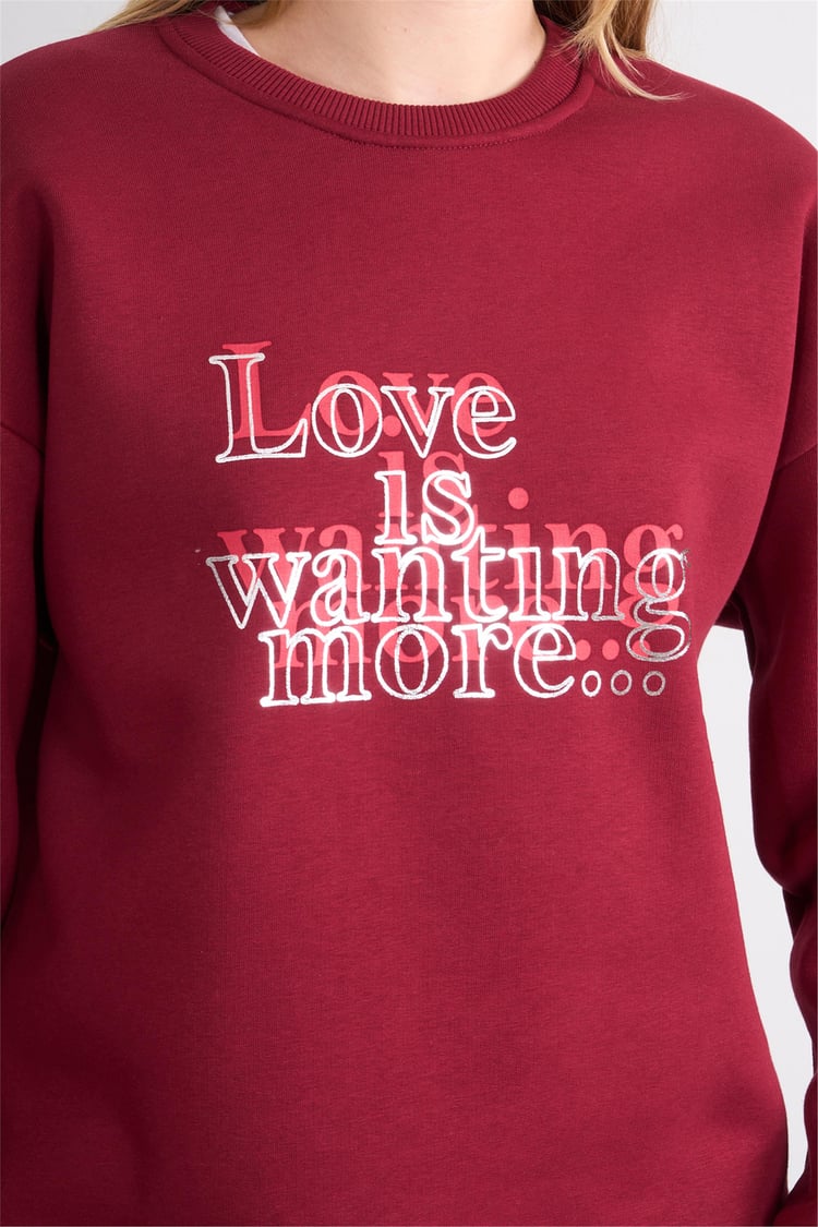 Çetinkaya Fithit 8563 Kadın Bisiklet Yaka Oversize Baskılı Sweatshirt Bordo