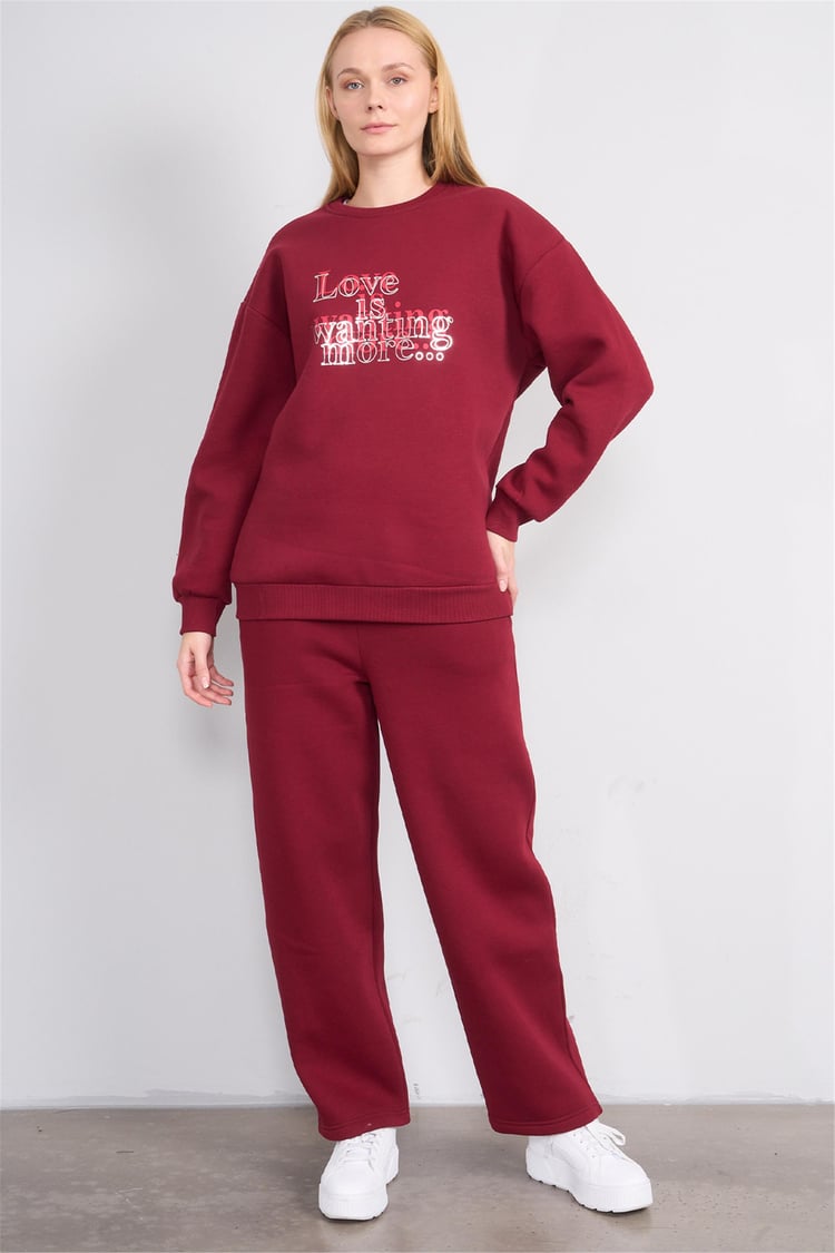 Çetinkaya Fithit 8563 Kadın Bisiklet Yaka Oversize Baskılı Sweatshirt Bordo