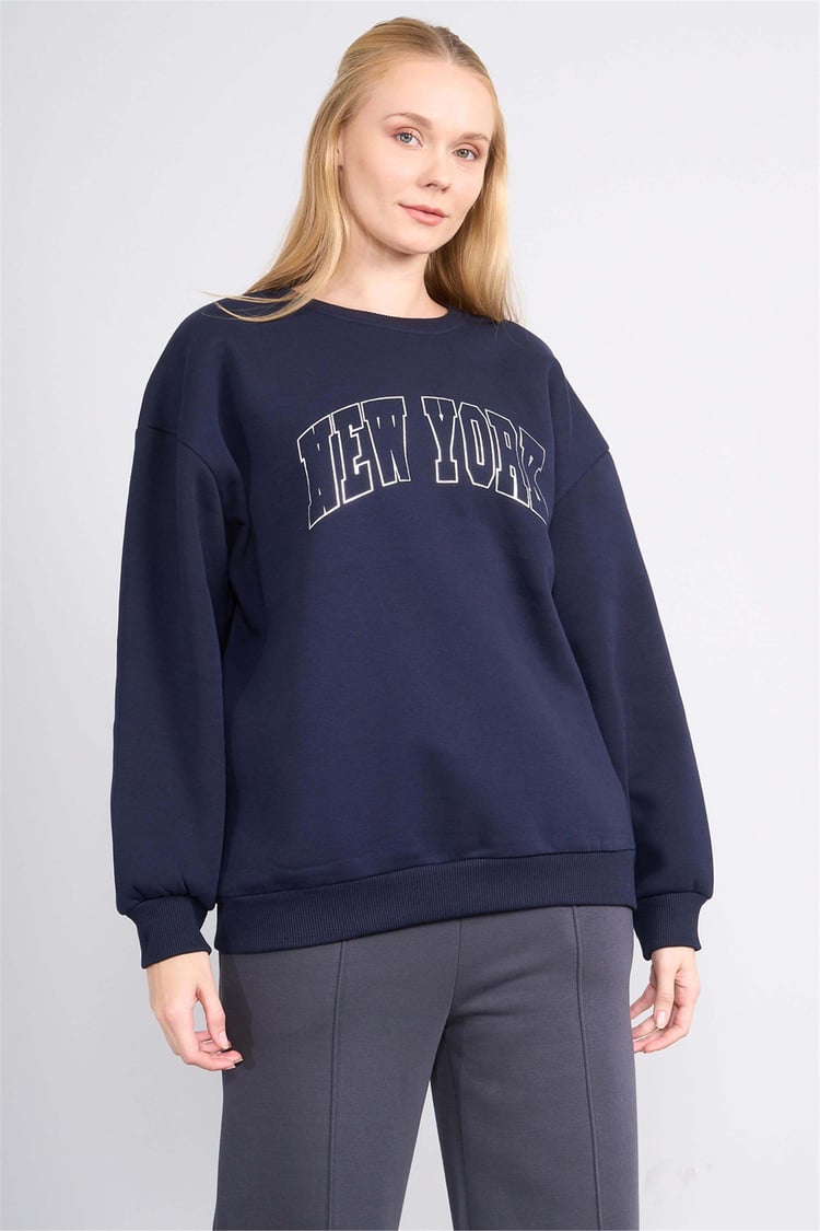 Çetinkaya Fithit 8566 Kadın Bisiklet Yaka Oversize Baskılı Sweatshirt Lacivert