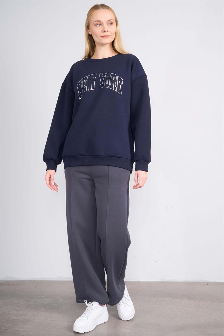 Çetinkaya Fithit 8566 Kadın Bisiklet Yaka Oversize Baskılı Sweatshirt Lacivert