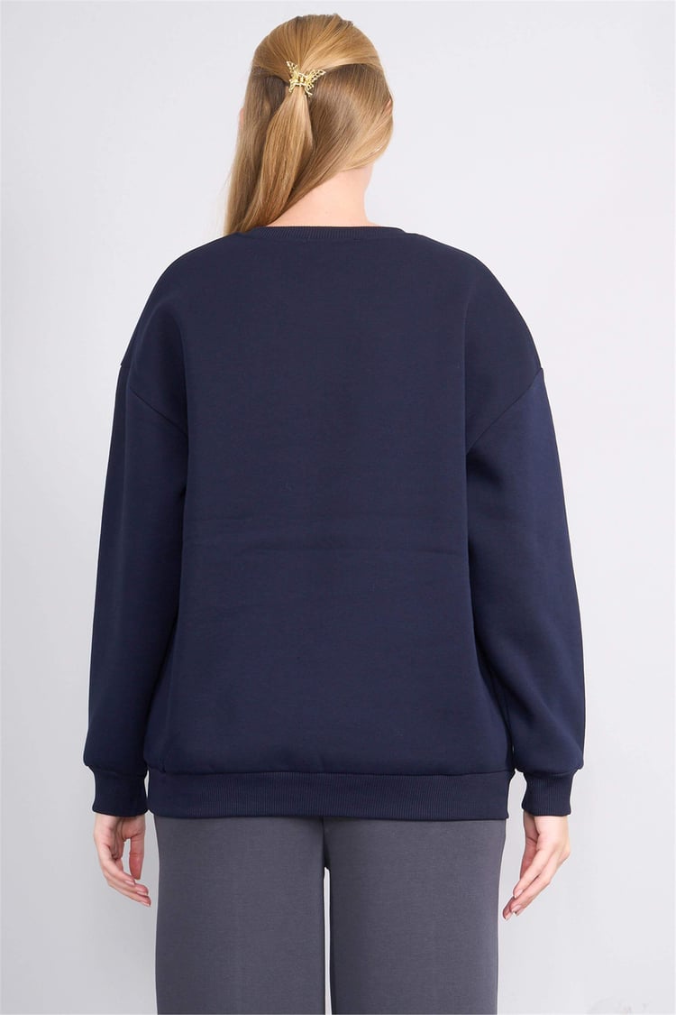 Çetinkaya Fithit 8566 Kadın Bisiklet Yaka Oversize Baskılı Sweatshirt Lacivert