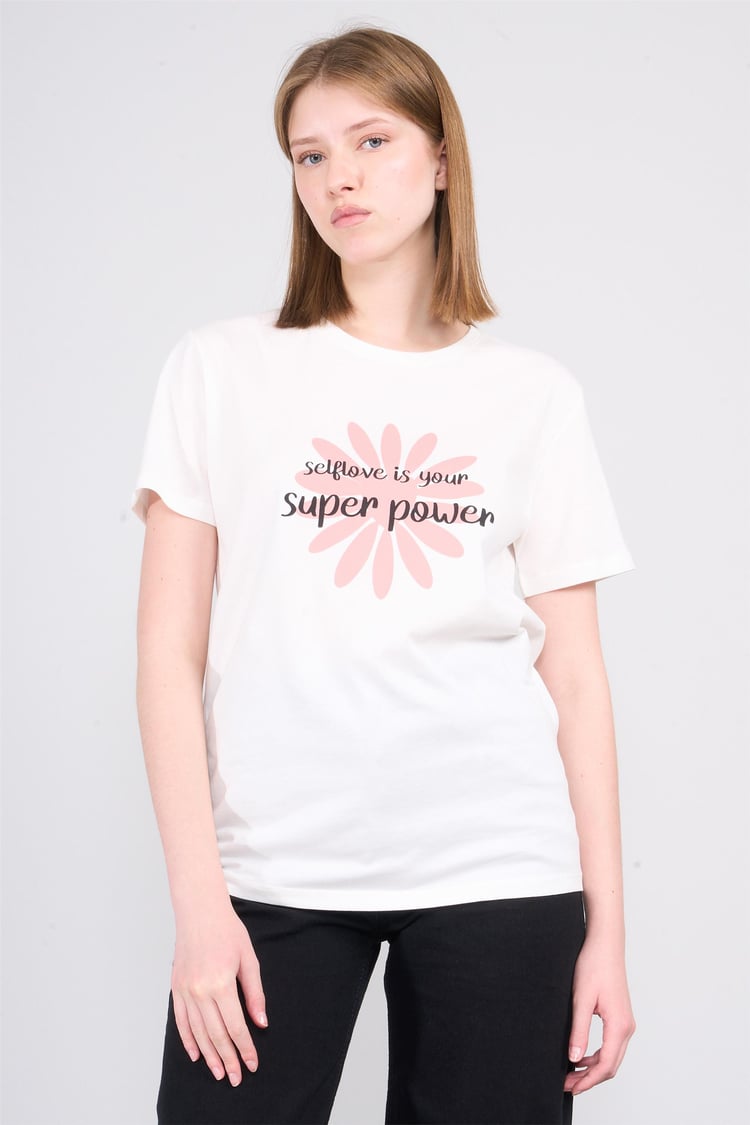 Çetinkaya Fithit 8733  Bayan Bisiklet Yaka Baskılı ıT-shirt Krem
