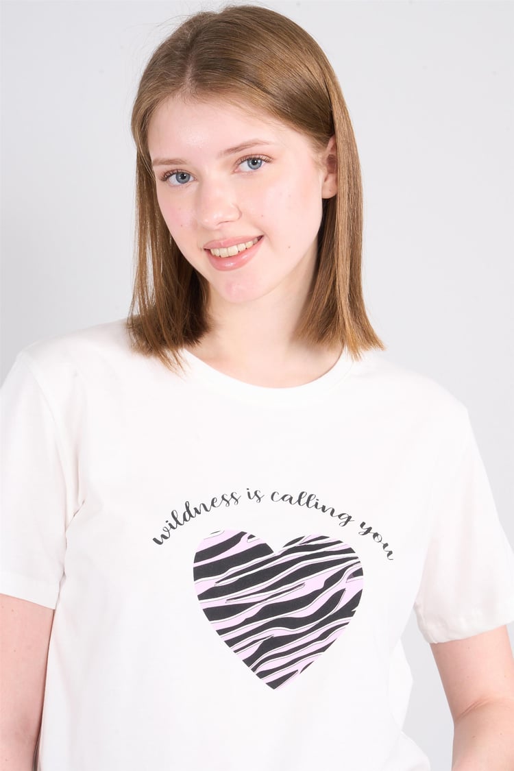Çetinkaya Fithit 8734 Bayan Bisiklet Yaka Baskılı ıT-shirt Krem