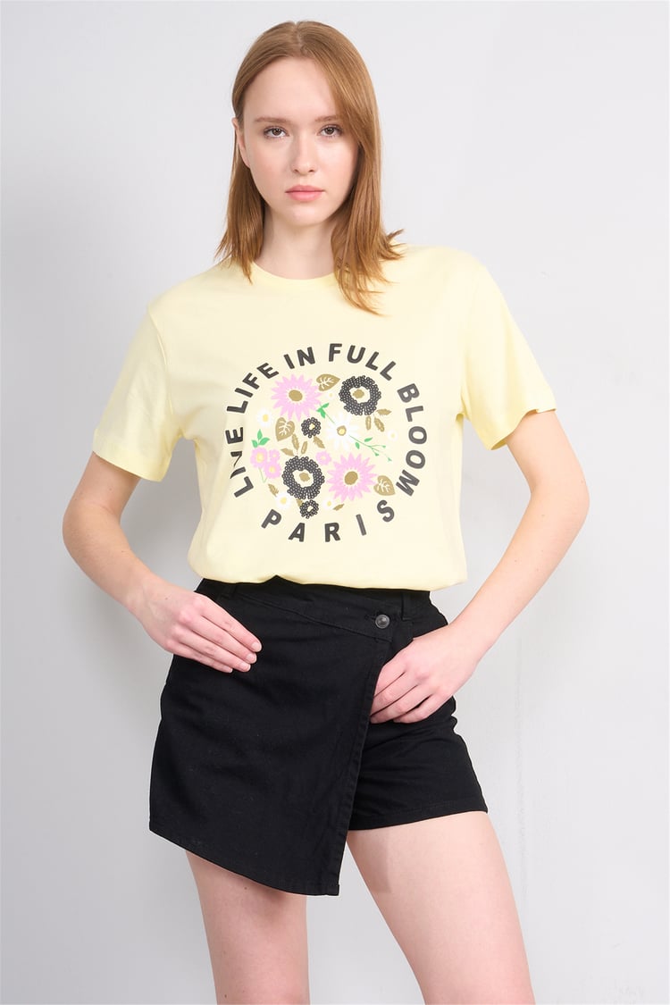 Çetinkaya Fithit 8788 Bayan Bisiklet Yaka Regular Baskılı T-shirt Uçuk Sarı