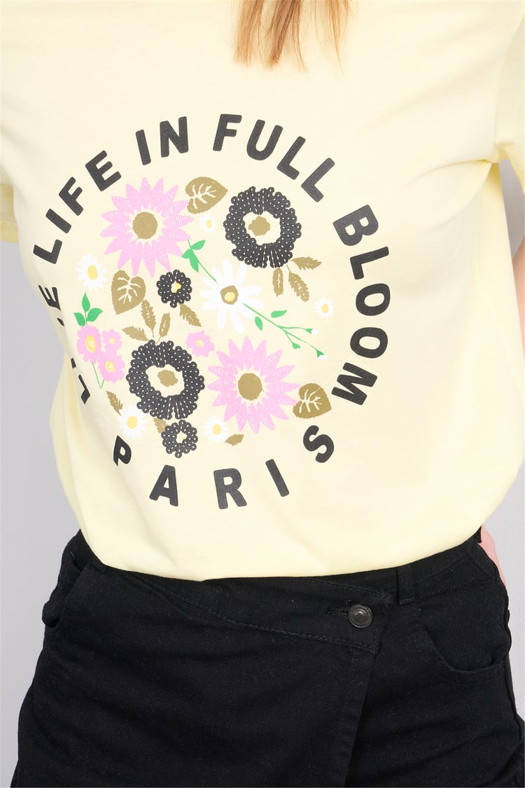 Çetinkaya Fithit 8788 Bayan Bisiklet Yaka Regular Baskılı T-shirt Uçuk Sarı