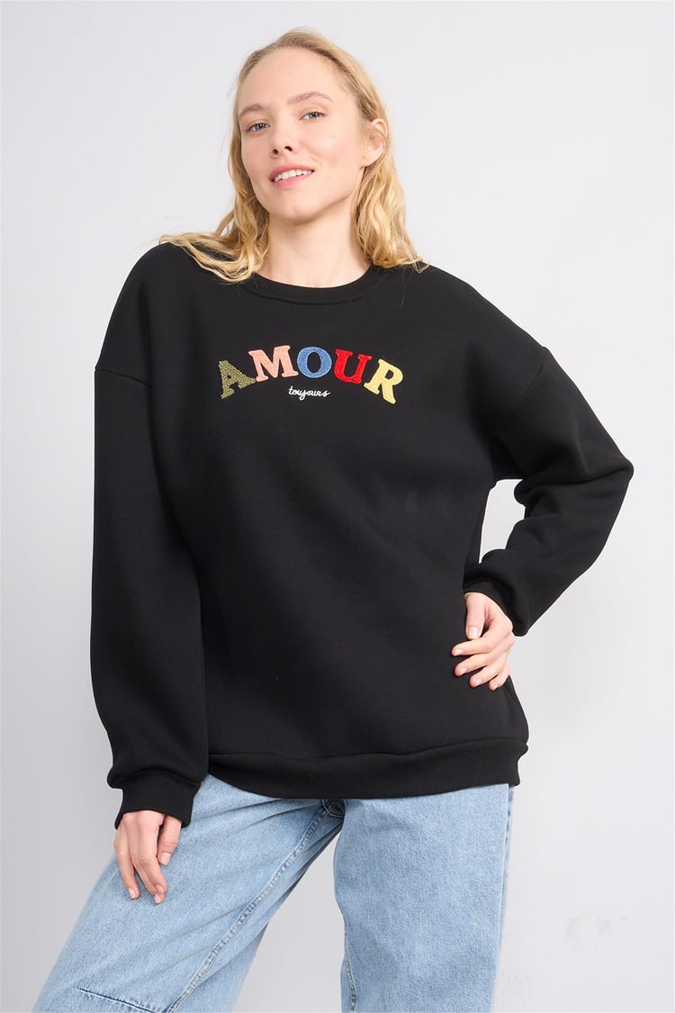 Çetinkaya Fithit 8817 Kadın Bisiklet Yaka 3 İplik Oversize Nakışlı Sweatshirt Siyah