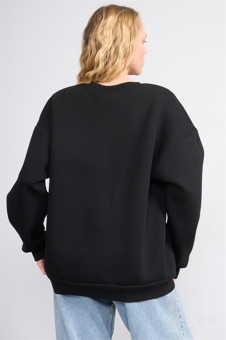 Çetinkaya Fithit 8817 Kadın Bisiklet Yaka 3 İplik Oversize Nakışlı Sweatshirt Siyah