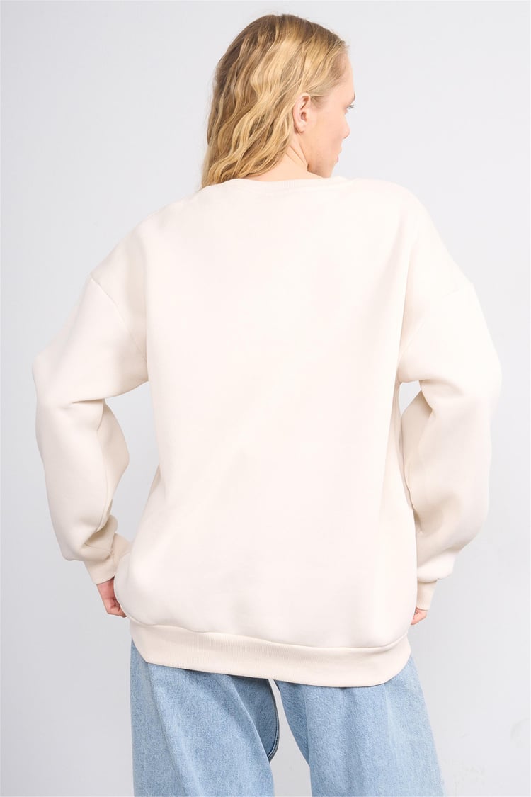 Çetinkaya Fithit 8818 Kadın Bisiklet Yaka 3 İplik Oversize Nakışlı Sweatshirt Taş