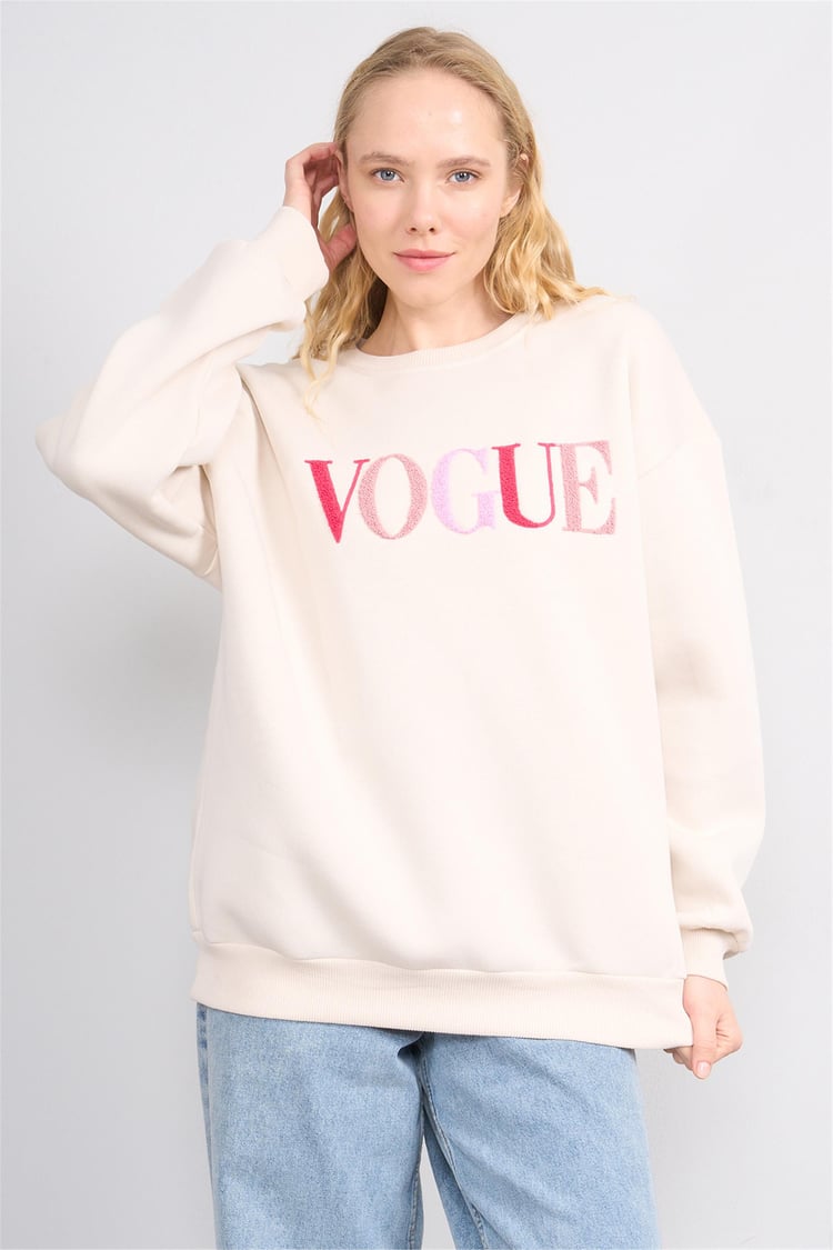 Çetinkaya Fithit 8818 Kadın Bisiklet Yaka 3 İplik Oversize Nakışlı Sweatshirt Taş