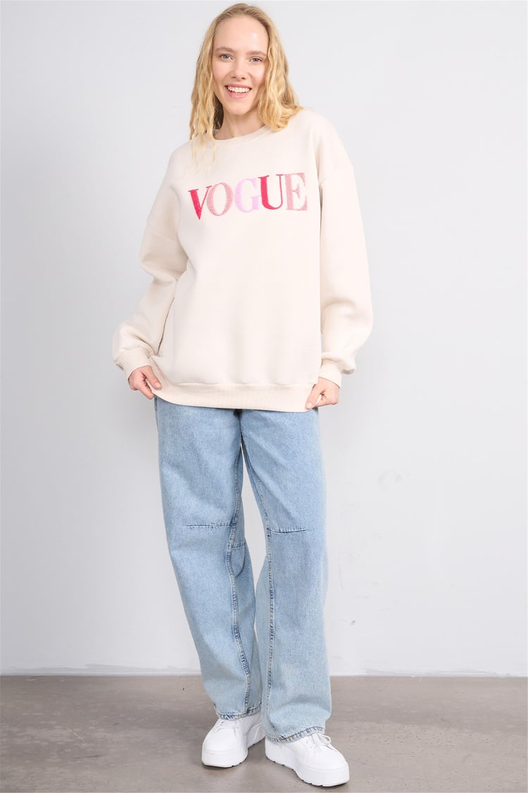 Çetinkaya Fithit 8818 Kadın Bisiklet Yaka 3 İplik Oversize Nakışlı Sweatshirt Taş