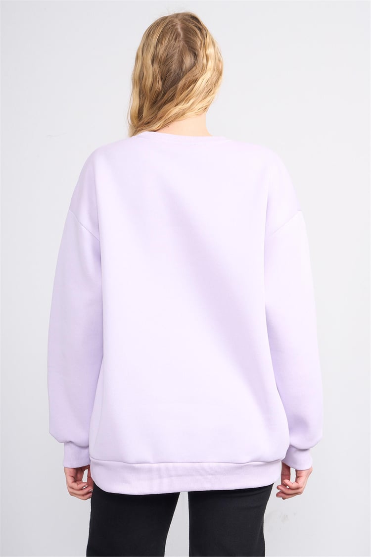 Çetinkaya Fithit 8819 Kadın Bisiklet Yaka 3 İplik Oversize Nakışlı Sweatshirt Lila