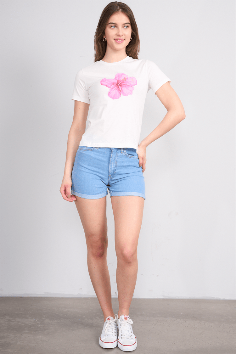 Çetinkaya Fithit 8843 Bayan Bisiklet Yaka Penye Regular Baskılı T-shirt Krem
