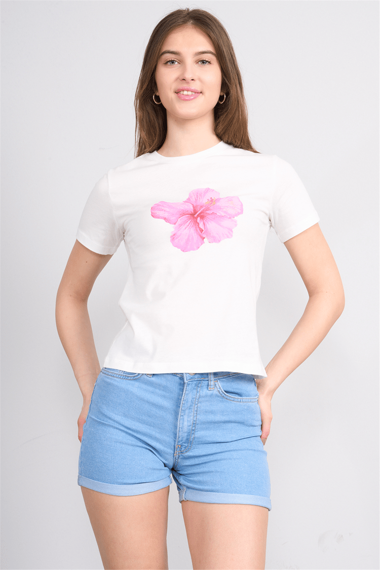 Çetinkaya Fithit 8843 Bayan Bisiklet Yaka Penye Regular Baskılı T-shirt Krem