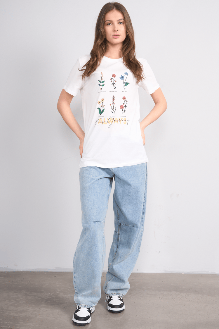 Çetinkaya Fithit 8848 Bayan Bisiklet Yaka Regular Baskılı T-shirt Krem