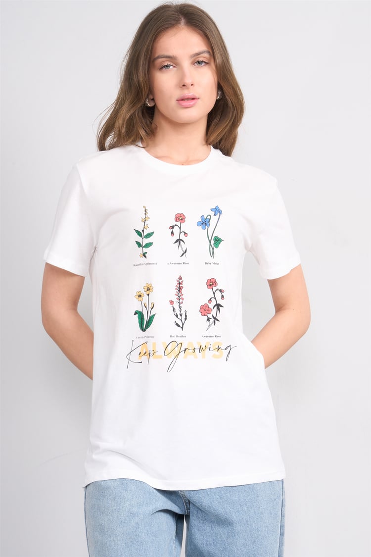 Çetinkaya Fithit 8848 Bayan Bisiklet Yaka Regular Baskılı T-shirt Krem