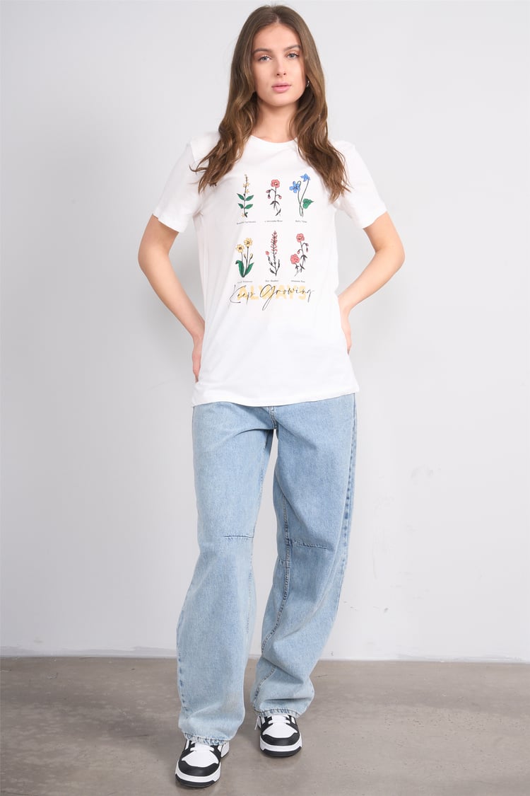 Çetinkaya Fithit 8848 Bayan Bisiklet Yaka Regular Baskılı T-shirt Krem