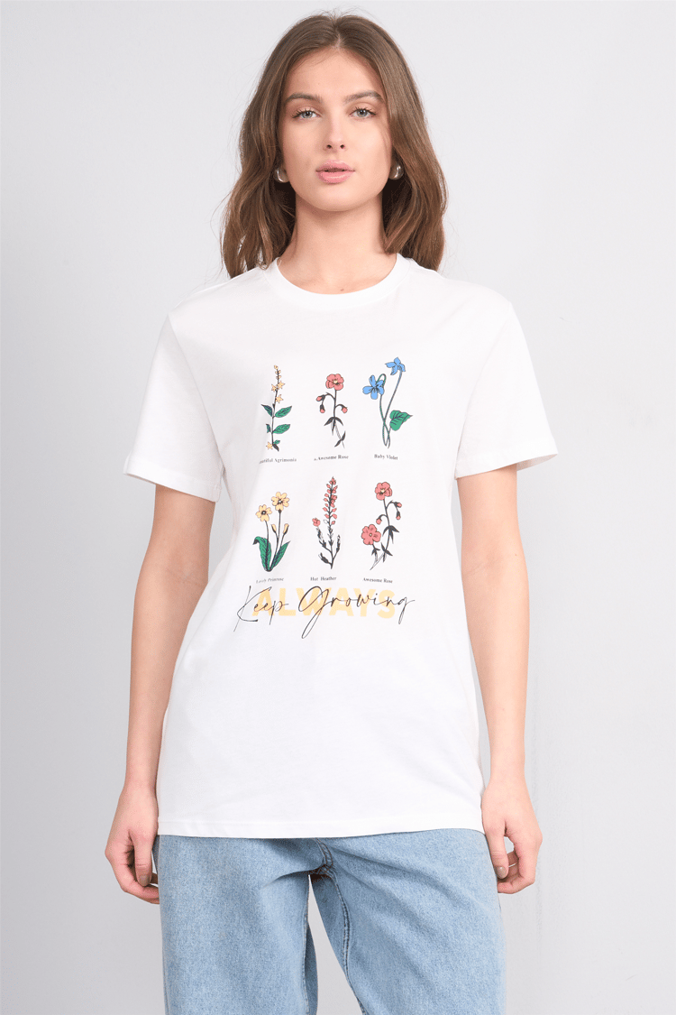 Çetinkaya Fithit 8848 Bayan Bisiklet Yaka Regular Baskılı T-shirt Krem