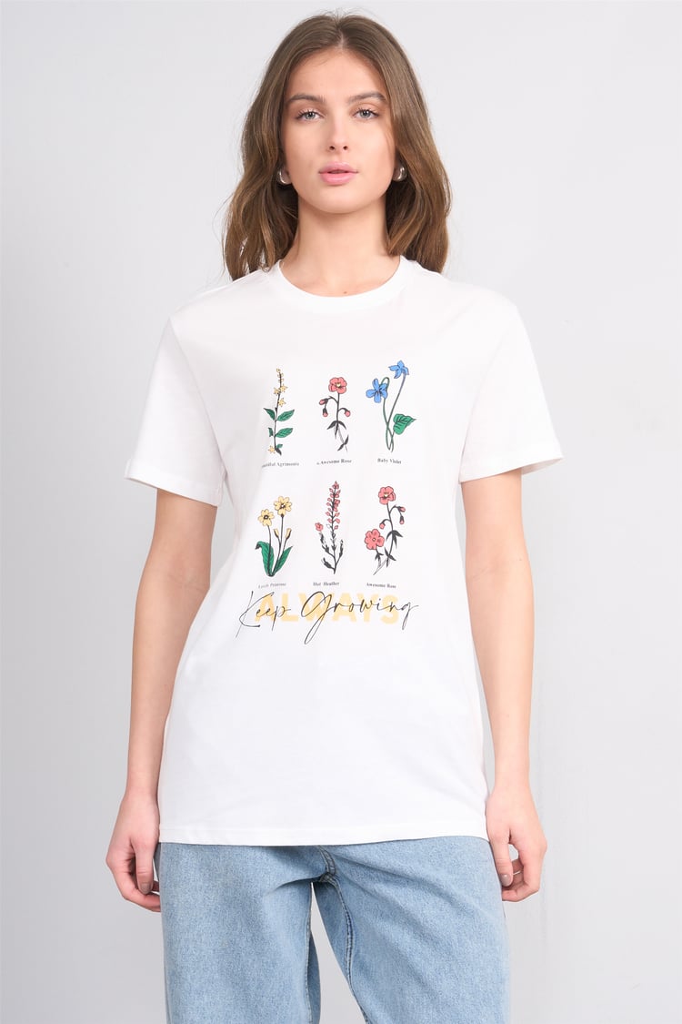 Çetinkaya Fithit 8848 Bayan Bisiklet Yaka Regular Baskılı T-shirt Krem