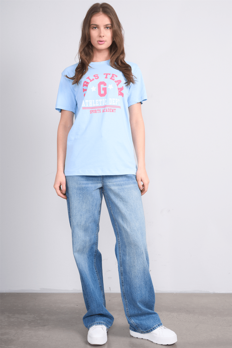 Çetinkaya Fithit 8859 Bayan Bisiklet Yaka Regular Baskılı T-shirt Bebe Mavi