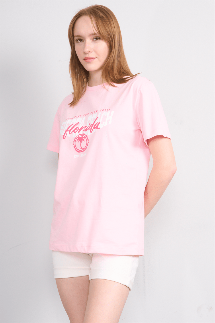 Çetinkaya Fithit 8861 Bayan Bisiklet Yaka Regular Baskılı T-shirt Açık Pembe