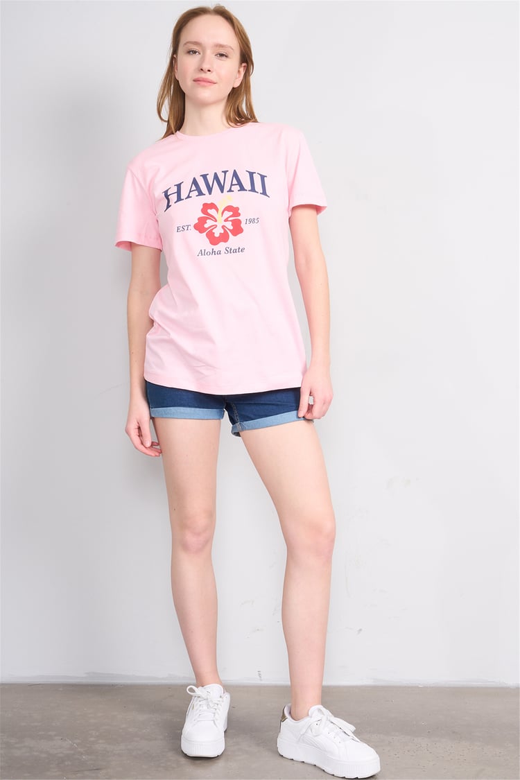 Çetinkaya Fithit 8868 Bayan Bisiklet Yaka Regular Baskılı T-shirt Açık Pembe