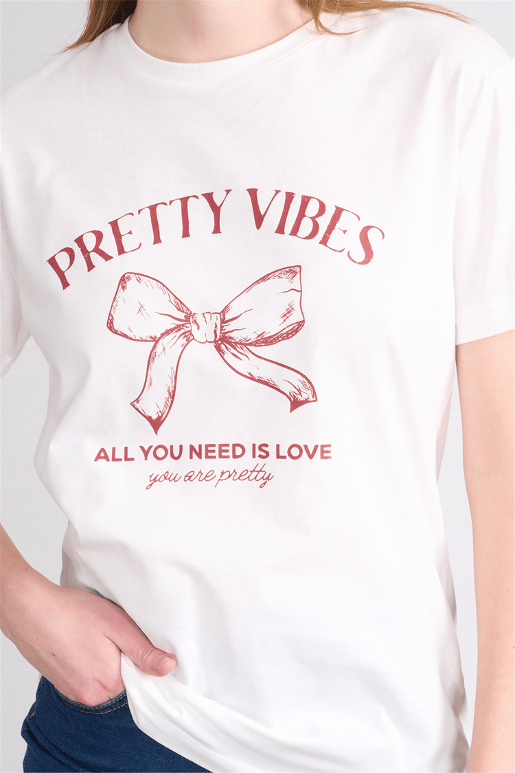 Çetinkaya Fithit 8878 Bayan Bisiklet Yaka Regular Baskılı T-shirt Krem