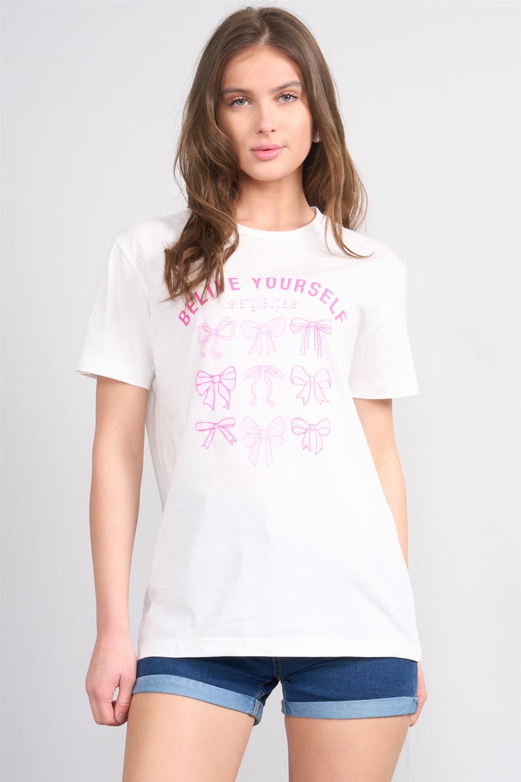 Çetinkaya Fithit 8881 Bayan Bisiklet Yaka Regular Baskılı T-shirt Krem