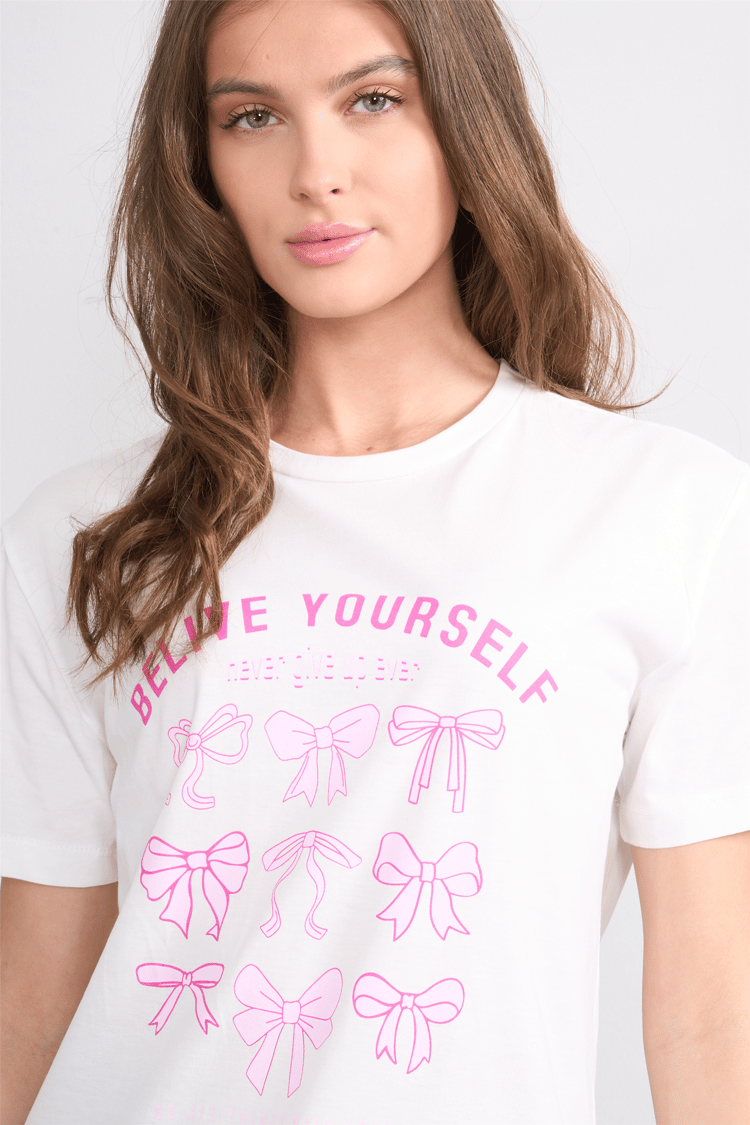 Çetinkaya Fithit 8881 Bayan Bisiklet Yaka Regular Baskılı T-shirt Krem