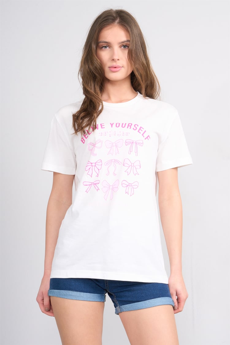 Çetinkaya Fithit 8881 Bayan Bisiklet Yaka Regular Baskılı T-shirt Krem
