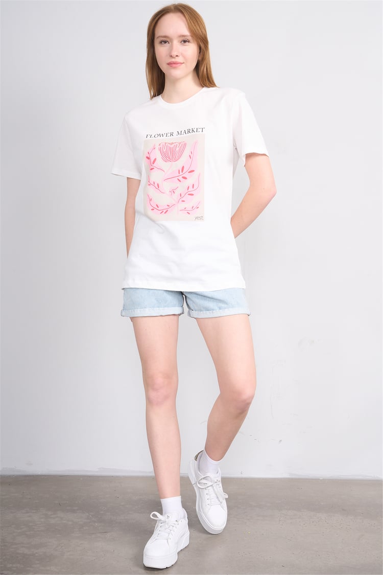 Çetinkaya Fithit 8885 Bayan Bisiklet Yaka Regular Baskılı T-shirt Krem