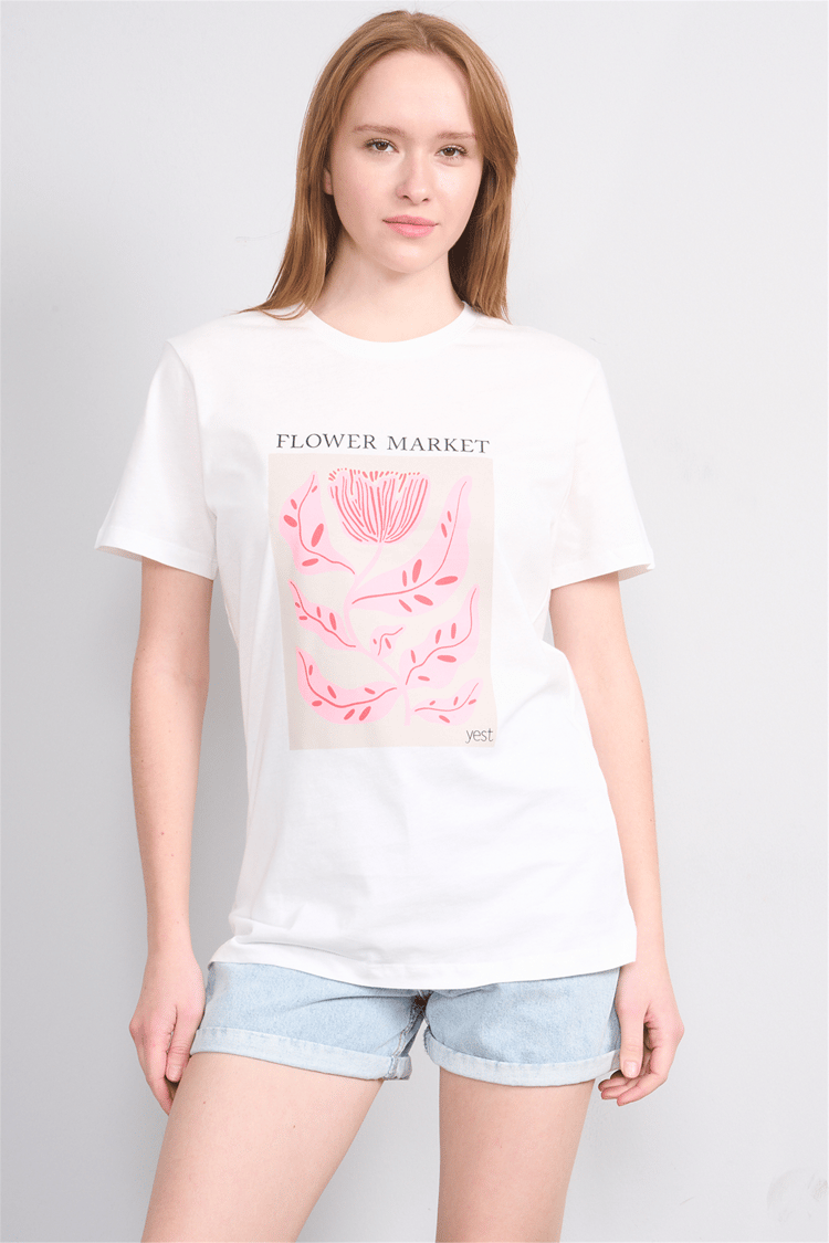 Çetinkaya Fithit 8885 Bayan Bisiklet Yaka Regular Baskılı T-shirt Krem