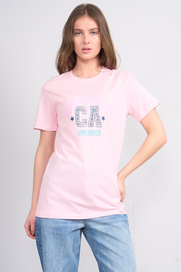 Çetinkaya Fithit 8892 Bayan Bisiklet Yaka Regular Baskılı T-shirt Açık Pembe