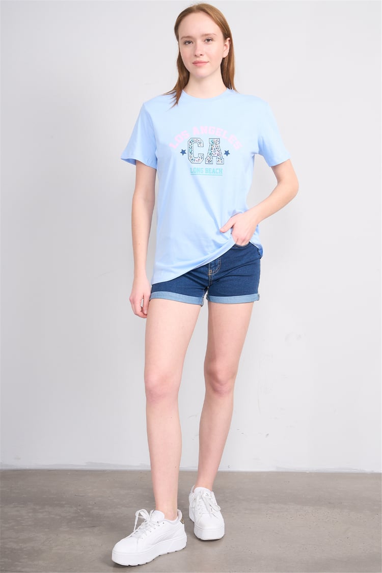 Çetinkaya Fithit 8892 Bayan Bisiklet Yaka Regular Baskılı T-shirt Bebe Mavi