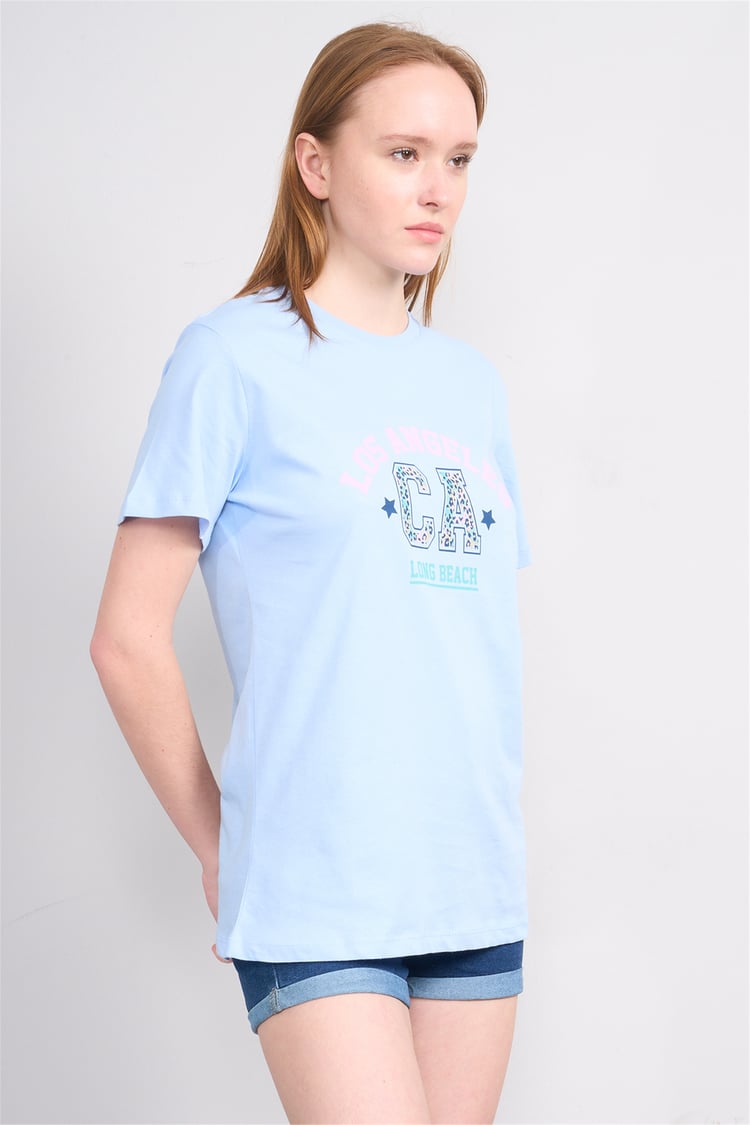 Çetinkaya Fithit 8892 Bayan Bisiklet Yaka Regular Baskılı T-shirt Bebe Mavi