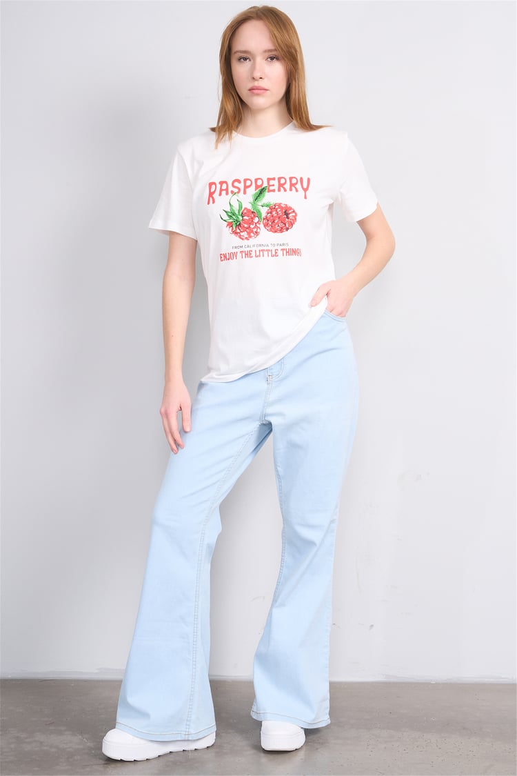 Çetinkaya Fithit 8896 Bayan Bisiklet Yaka Regular Baskılı T-shirt Krem