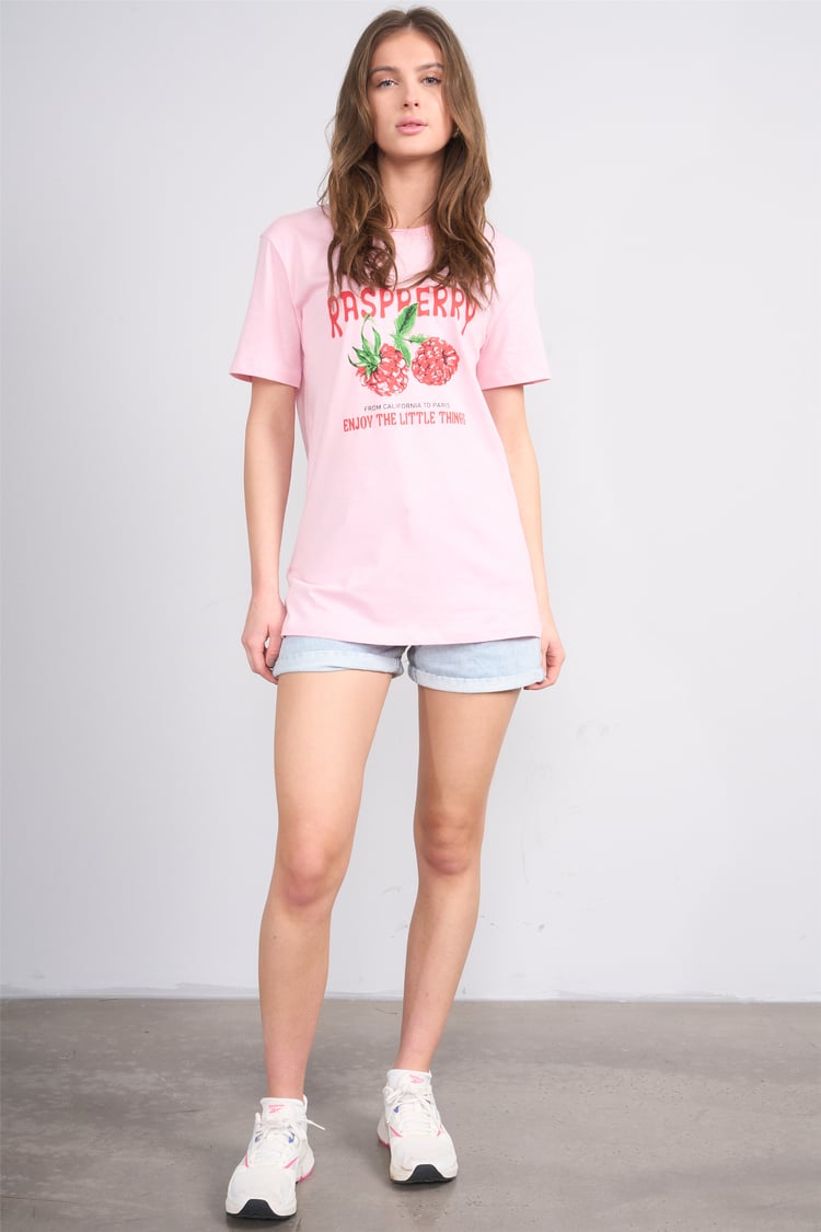 Çetinkaya Fithit 8896 Bayan Bisiklet Yaka Regular Baskılı T-shirt Açık Pembe