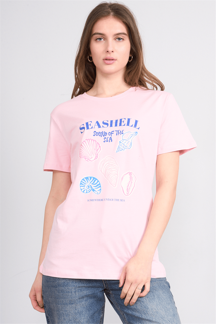 Çetinkaya Fithit 8898 Bayan Bisiklet Yaka Penye Regular Baskılı T-shirt Açık Pembe