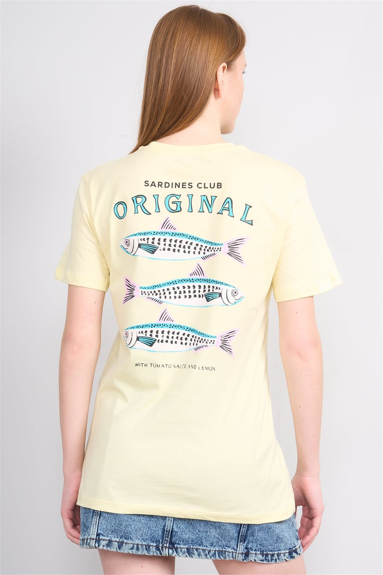 Çetinkaya Fithit 8914 Bayan Bisiklet Yaka Oversize Baskılı T-shirt Uçuk Sarı