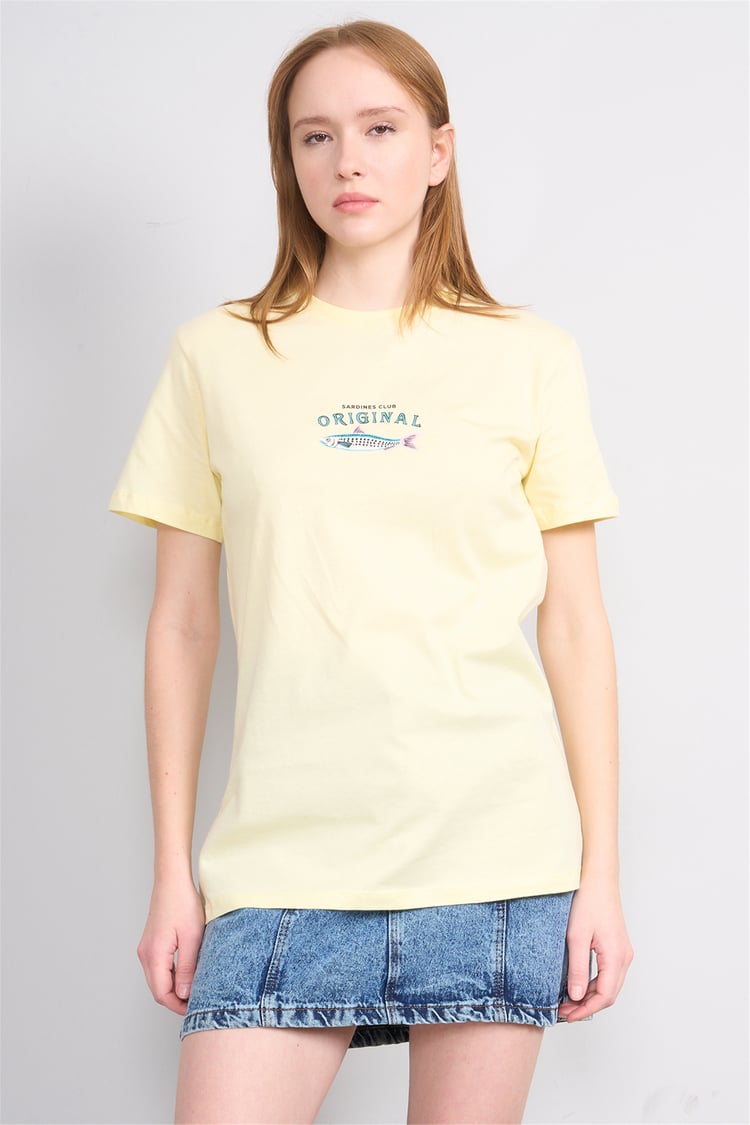 Çetinkaya Fithit 8914 Bayan Bisiklet Yaka Oversize Baskılı T-shirt Uçuk Sarı