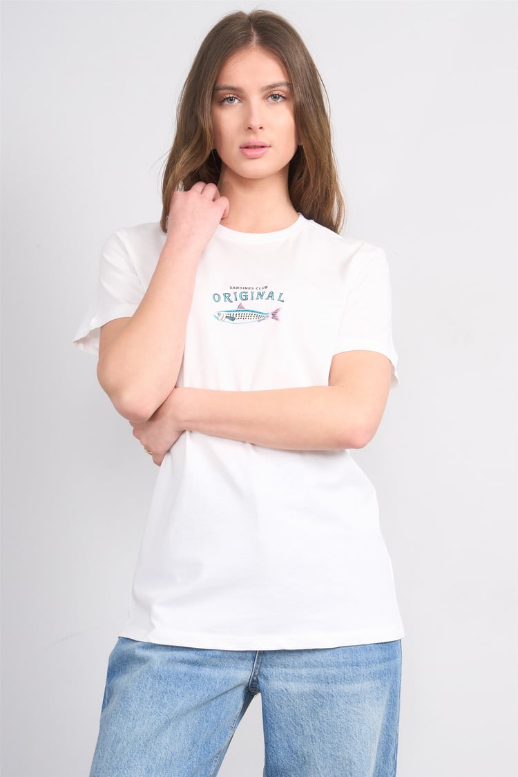 Çetinkaya Fithit 8914 Bayan Bisiklet Yaka Oversize Baskılı T-shirt Krem