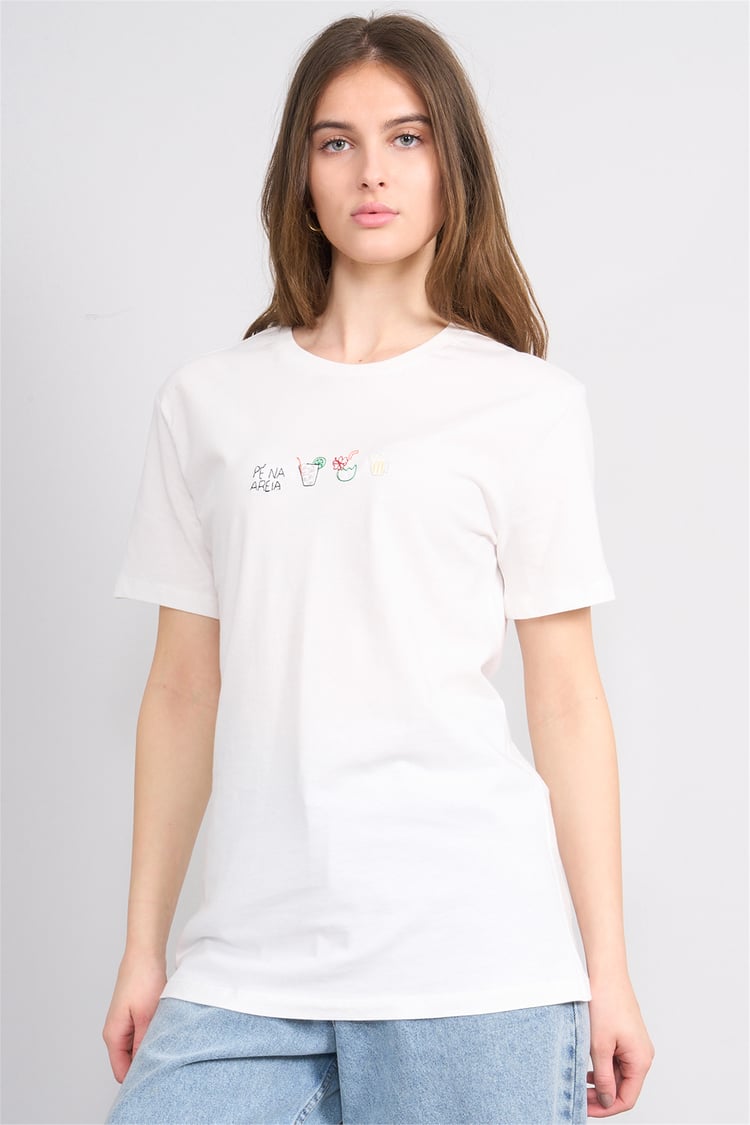 Çetinkaya Fithit 8951 Bayan Bisiklet Yaka Penye Regular Nakışlı T-shirt Krem
