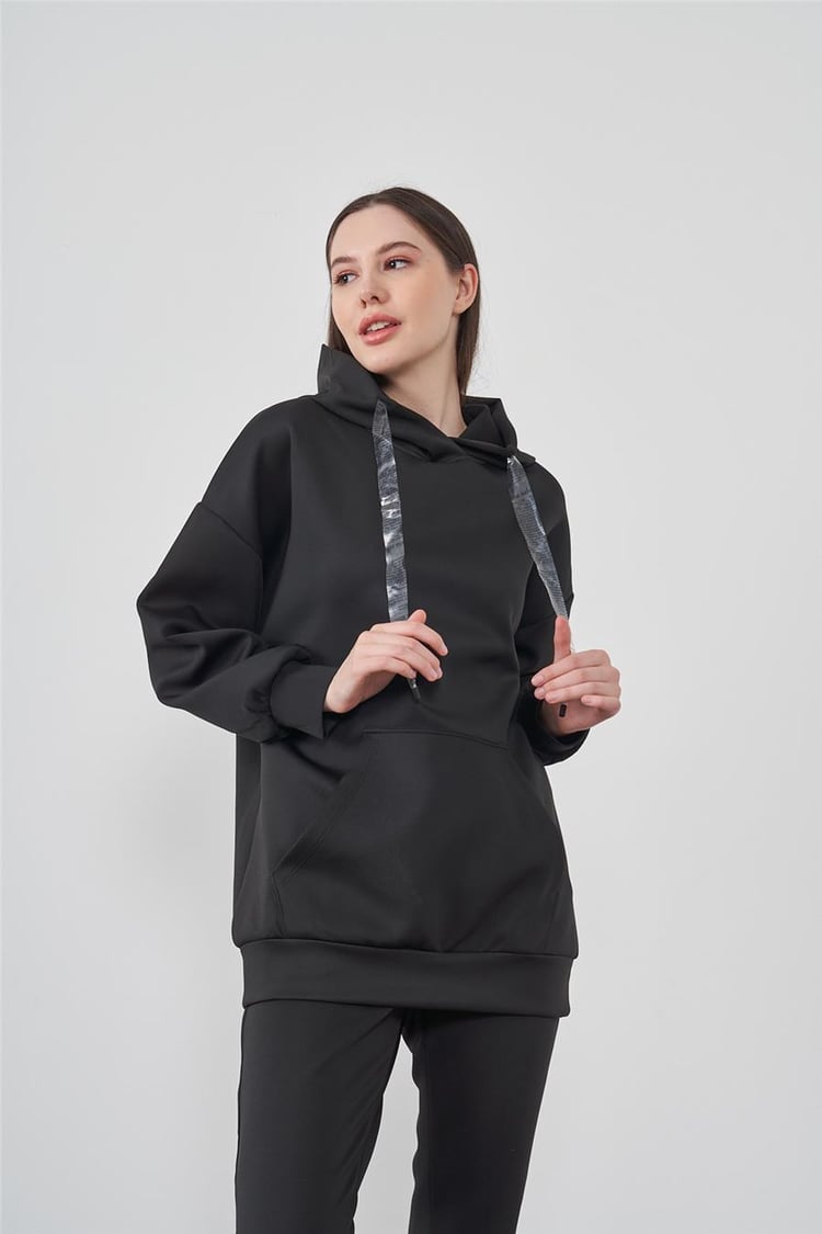 Çetinkaya Fithit Dalgıç Kumaş Siyah Kapüşonlu Sweatshirt