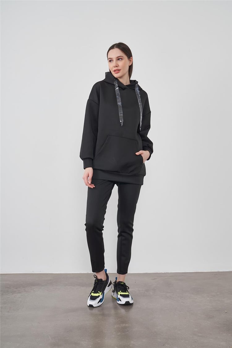 Çetinkaya Fithit Dalgıç Kumaş Siyah Kapüşonlu Sweatshirt